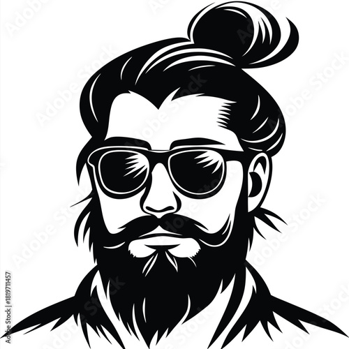 Stylish man with beard and bun is wearing sunglasses in black vector