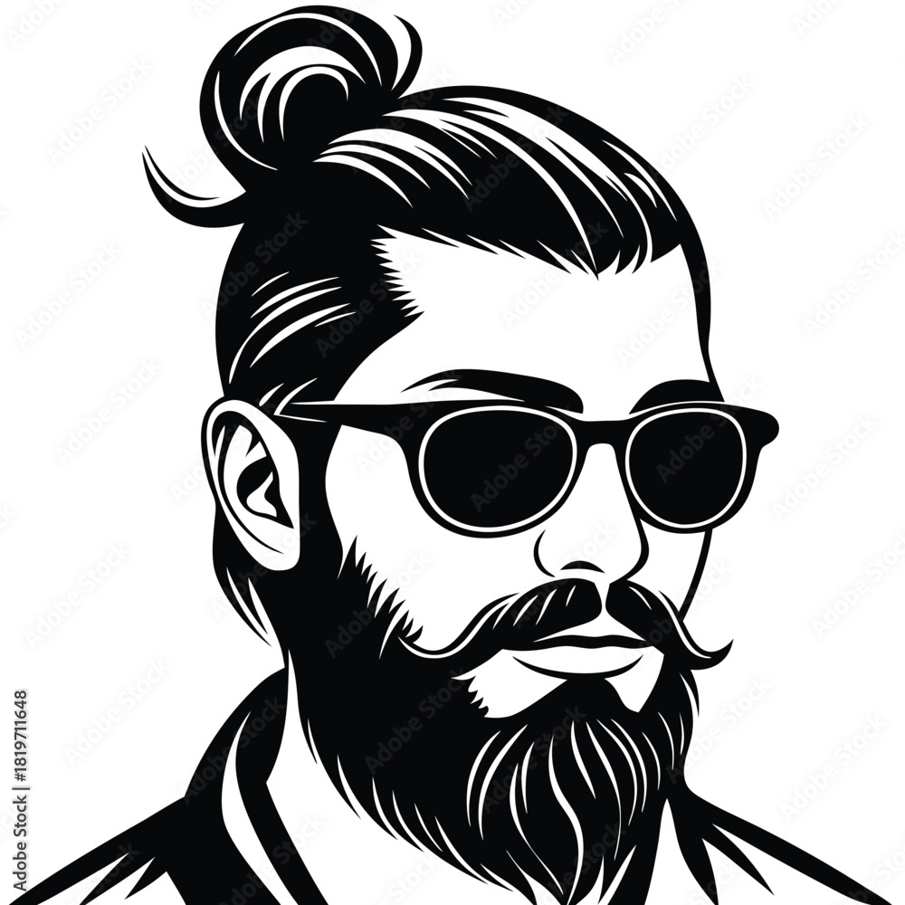 Fototapeta premium Stylish man with topknot and beard, wearing sunglasses, exhibits modern urban flair