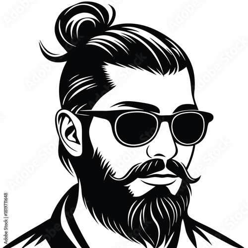 Stylish man with topknot and beard, wearing sunglasses, exhibits modern urban flair