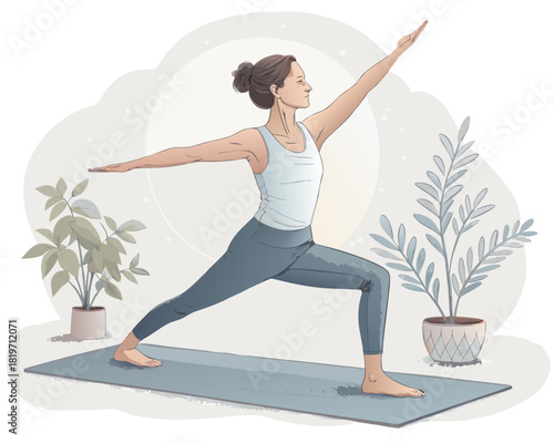 vector of a calm yoga teacher demonstrating Warrior II pose on mat with minimal props, white background
