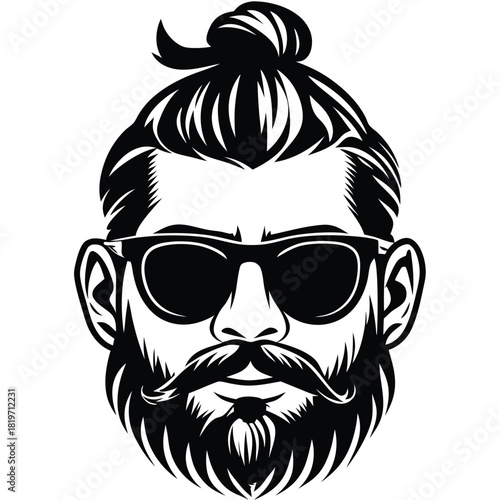 Stylish man with a topknot, beard, and sunglasses presents a bold, monochrome fashion statement