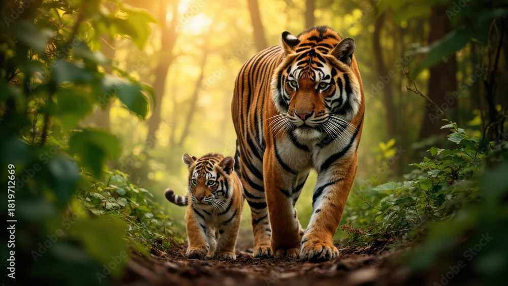Fototapeta premium A majestic tiger and cub walk through a sunlit forest