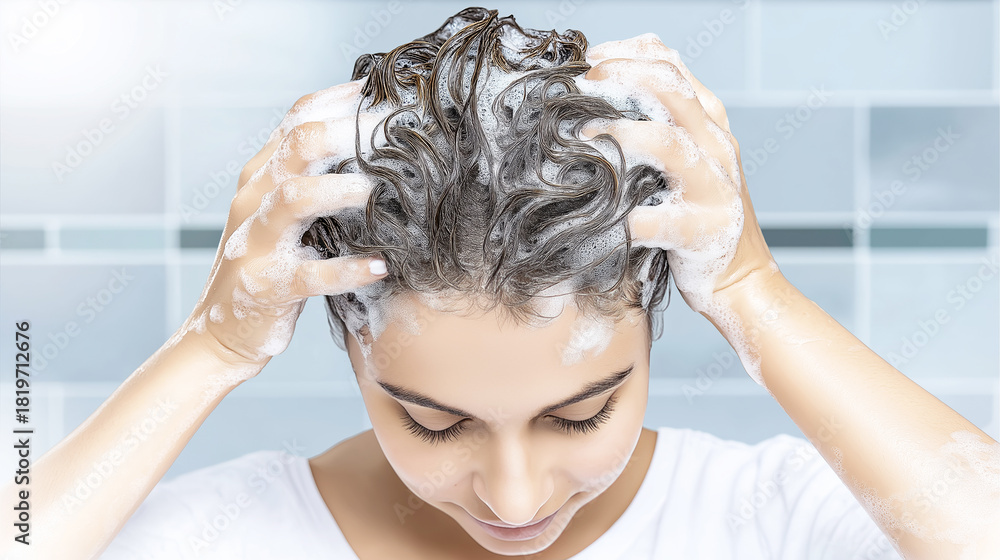 Naklejka premium Woman's hands massaging lathered hair, cleaning scalp with shampoo for fresh, healthy hair and beauty routine