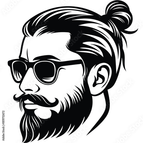 Stylish man with beard and topknot gazes confidently through dark glasses in monochrome