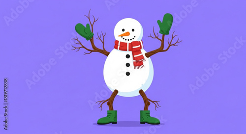 Snowman with branches smiling wearing scarf and boots on purple background  