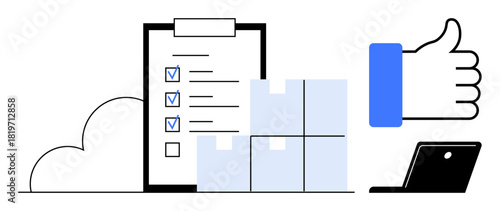 Logistics management. Logistics checklist with boxes, cloud storage, and technology tools for efficient supply chain solutions. Logistics ensures smooth delivery operations. Perfect for ecommerce