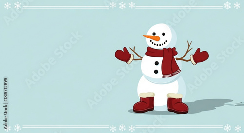 Cheerful snowman with red scarf and mittens on winter background  