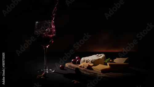 Red wine pouring into a glass with cheese and grapes on a wooden board