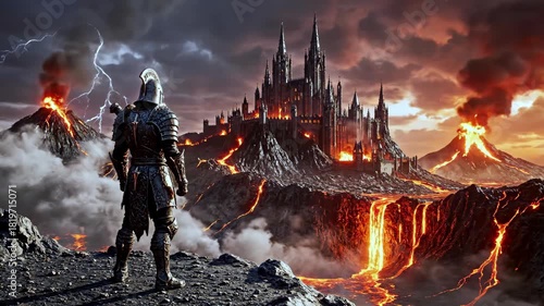 Warrior watches volcanic fortress under dramatic sky with lightning and lava flows