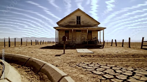 Desolate abandoned house in arid landscape with dramatic sky and cracked earth