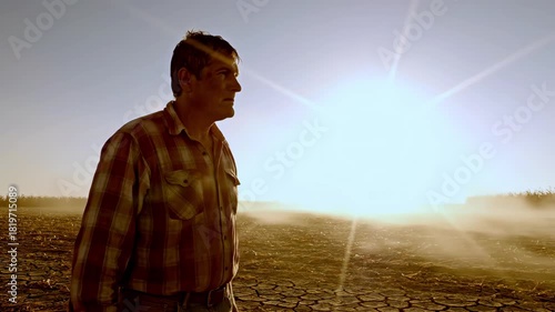 Farmer contemplates future on arid farm under blazing sun during severe drought