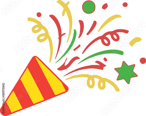 Red and yellow striped party popper exploding with red green and yellow confetti and streamers celebration
