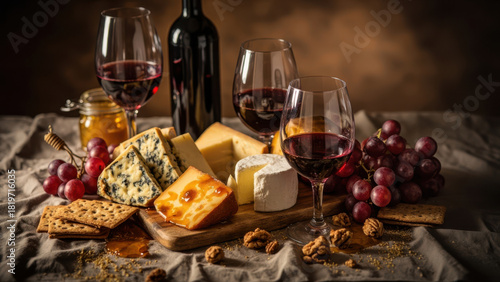 Wine and cheese pairing with grapes, crackers, and walnuts on a table