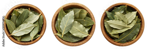 Three bowls with green bay leaves are arranged in a row, showing the details of each leaf and bowl. The overhead shot showcases a natural, close-up look. 