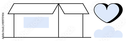 Open box with heart and cloud elements suggesting creativity, kindness, giving, and dreaming concepts. Ideal for charity, sharing, imagination, care generosity emotions mindfulness. Simplistic