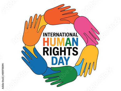 International human rights day with colorful hands forming circle