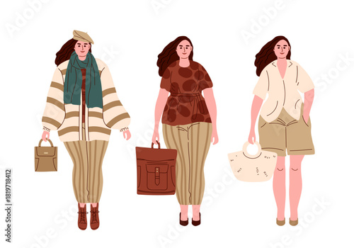Outfit for overweight girls. Casual clothing for summer, autumn, winter time set. Plump girl stands in fashionable clothes with different seasons clothes, modern street style. Flat vector illustration