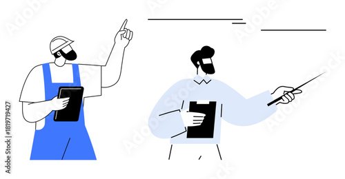 Construction worker with clipboard gesturing alongside a manager holding a report and pointing with a pointer. Ideal for teamwork, collaboration, project management, industry leadership