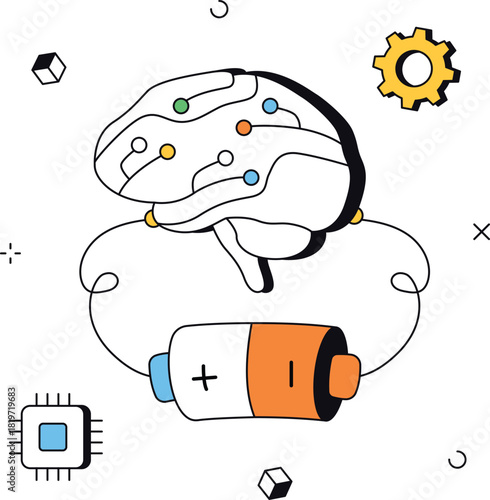 Ai brain powered by battery with chip and gear isometric flat vector illustration