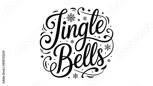 Artistic silhouette of the phrase jingle bells in elegant cursive lettering with festive winter snowflake and dot embellishments for holiday design silhouette