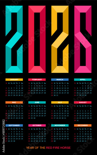 Colorful wall calendar design featuring vibrant numbers and monthly layouts for the year 2026 with a theme highlighting the Year of the Red Fire Horse