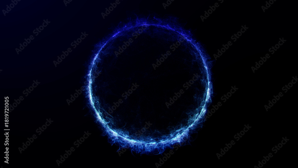 Obraz premium Energy ring glow with digital plasma flow in dark space creating a sci-fi circle made of electric particles in seamless 4K loop