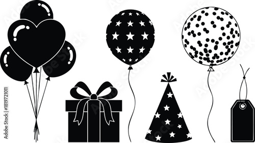 Party balloons gift box party hat and tag celebration decorations vector illustration