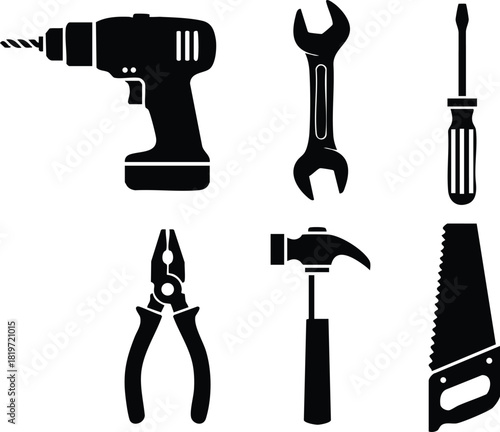 Black silhouette set of six different hand tools including drill hammer wrench screwdriver pliers and saw vector illustration