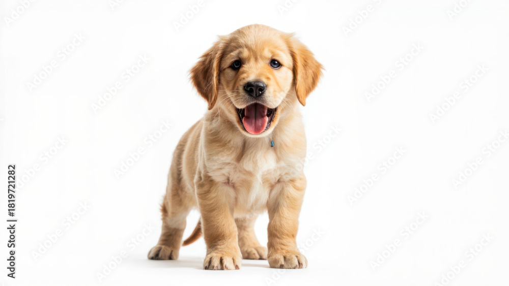 Fototapeta premium Adorable golden retriever puppy with mouth open on a white background