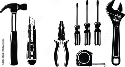 Hand tools hammer cutter pliers screwdrivers tape wrench vector illustration