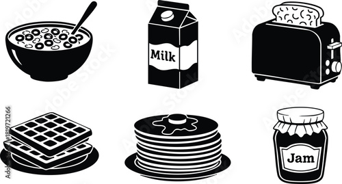 Breakfast food icons set with milk cereal toast waffles pancakes and jam vector illustration
