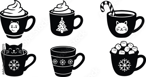 Six black cups with holiday designs hot chocolate and whipped cream festive winter drink vector illustration