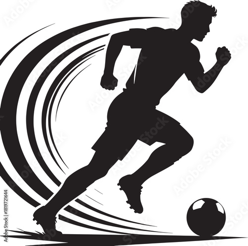 Silhouette of a soccer player in motion with a dynamic speed trail