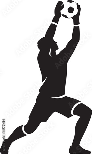 A silhouette of a soccer goalkeeper attempting a high save