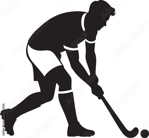A silhouette of a field hockey player in action focused on a shot