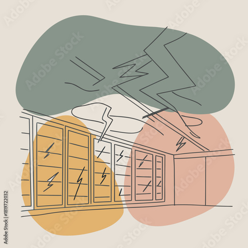 A dramatic storm outside an airport, with the departure board glitching and lights reflecting off hex panels.