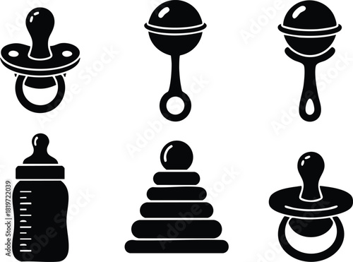 Baby pacifier bottle and stacking rings child toys vector illustration black silhouette