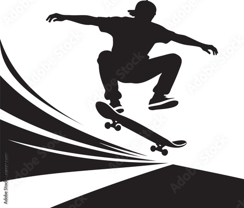 Silhouette of a skateboarder performing an aerial trick over a ramp