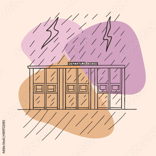 A dramatic storm outside an airport, with the departure board glitching and lights reflecting off hex panels.