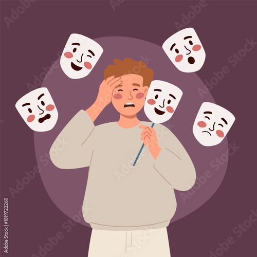 Sad Man Holding Masks with Different Emotions.