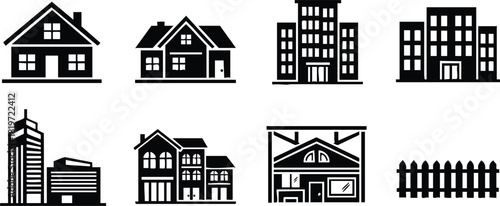 Black house and building icons vector set with fence and urban home silhouettes