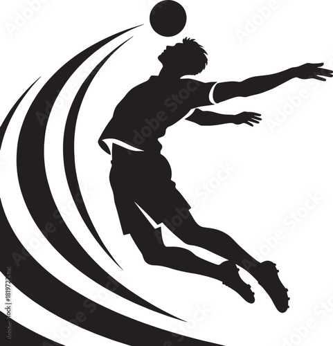 Silhouette of an athlete heading a soccer ball with dynamic lines