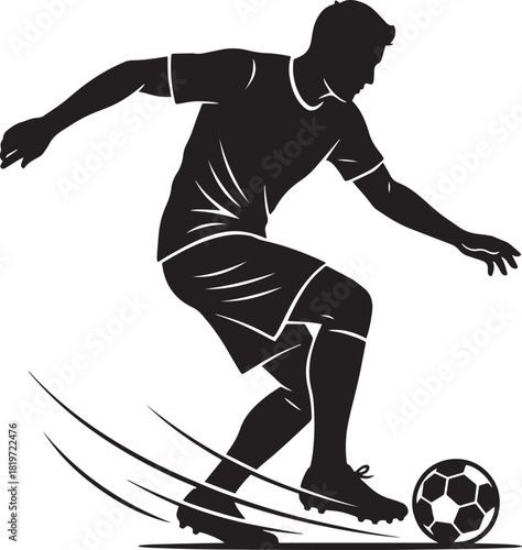 Silhouette of a soccer player in action dribbling the ball dynamically