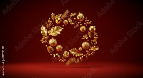 Exquisite golden Christmas wreath with ornaments, holly, and pinecones for elegant holiday greetings and festive designs, offering a touch of luxury