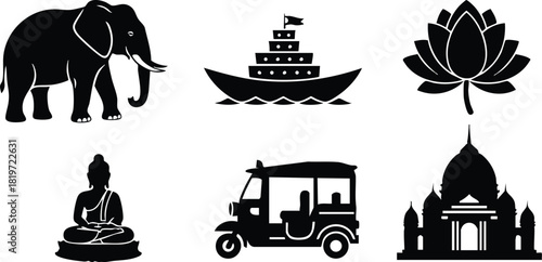 Elephant boat lotus buddha tuk tuk temple silhouette icons vector illustration
