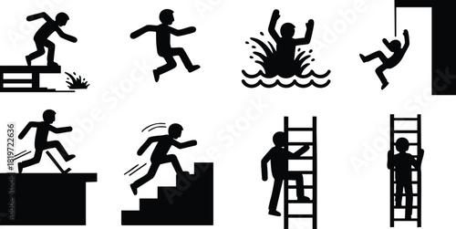 Silhouette icons of people jumping falling climbing stairs and ladders vector illustration