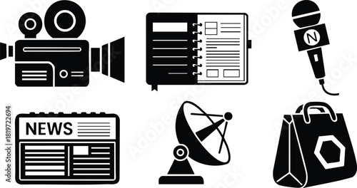 Media communication icons film camera microphone satellite news paper bag vector illustration