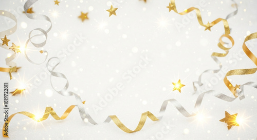 Celebrate New Year's Eve with sparkling gold stars and silver ribbons, perfect for festive invitations and holiday greetings with a touch of elegance