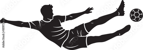 Dynamic soccer player silhouette diving to kick the ball in action