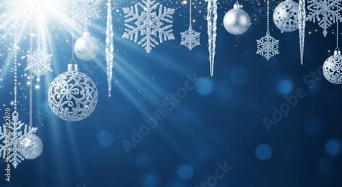 Magical winter wonderland scene featuring sparkling snowflakes, crystal ornaments, and glittering icicles shining with festive holiday cheer and enchanting elegance